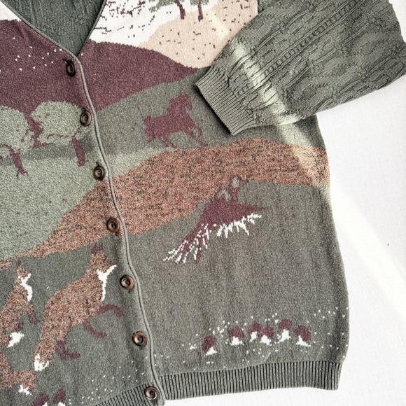 vtg Northern Treasures green fox duck horse mushroom cardigan sweater XL - Picture 4 of 7
